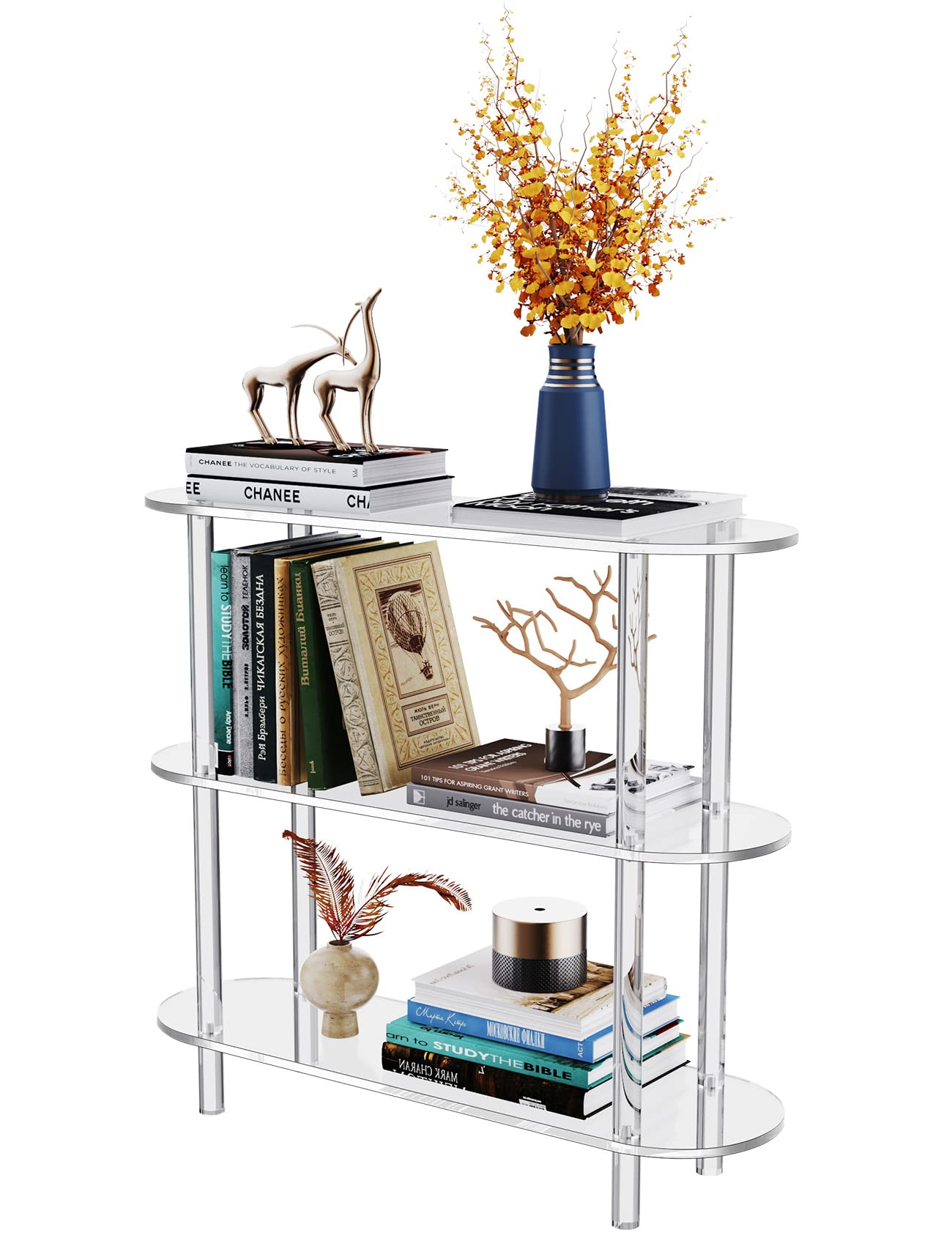 solaround Clear Bookshelf, Acrylic Bookcase with Open Book Shelf Console Table for Entryway Office Living Room Bedroom (3 Tier Clear)