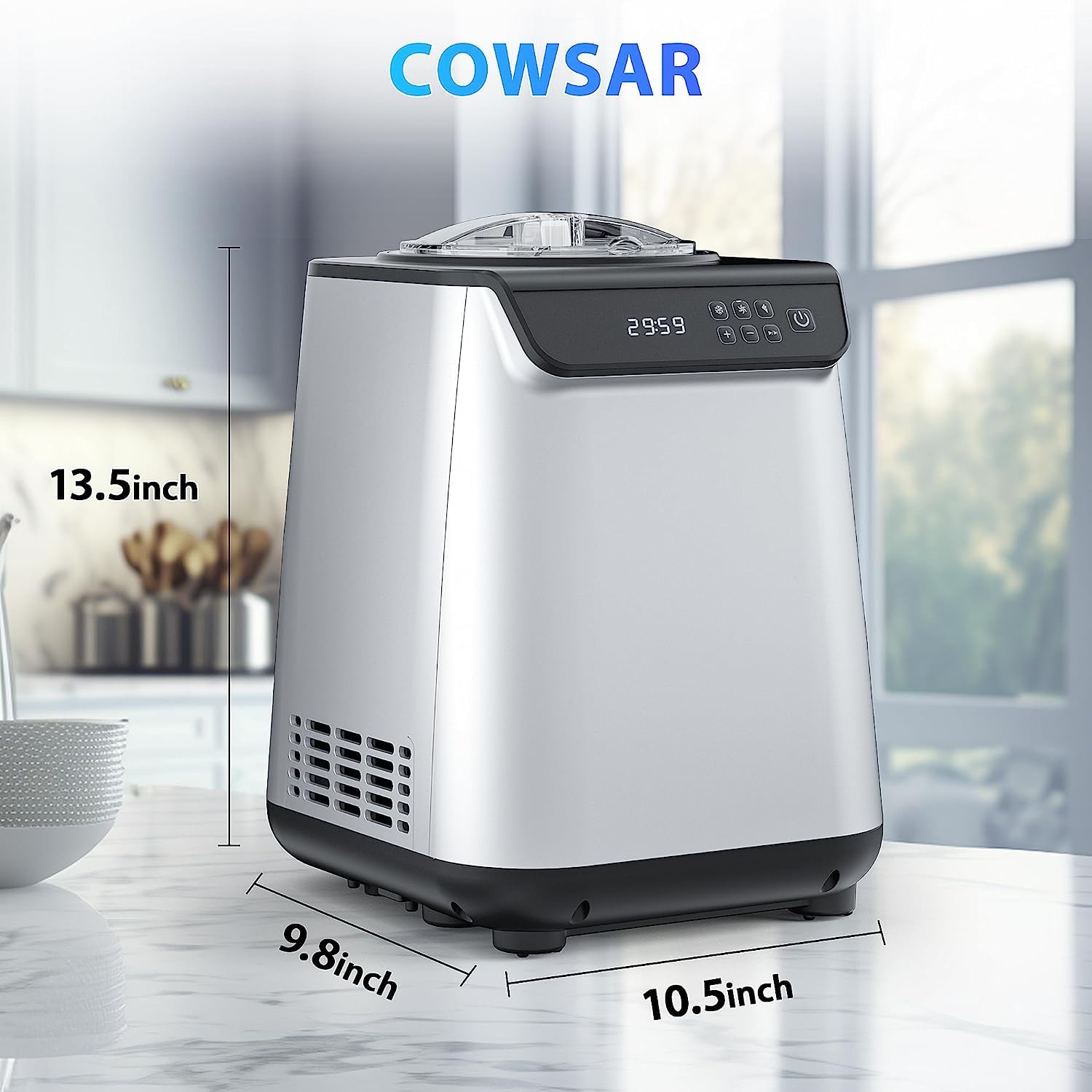 COWSAR 1.3 Quart Ice Cream Maker Machine with Built-in Compressor, Fully Automatic and No Pre-freezing, 1 Hour Keep-Cooling, Easy to Clean, Stainless Steel