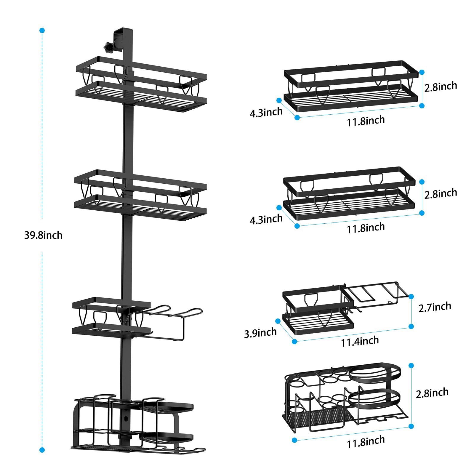 Kerisgo Over The Door Shower Caddy, 4-Tier Adjustable Over Hanging Shower Door Caddy Shelf, No Drilling Shower Organizer Shelf With Soap Holder, Body Wash, Shampoo, Razor, Black