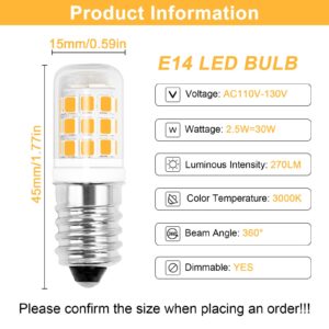 ZHENMING E14 Bulb E14 European Base Bulb 2.5W Equal 30W Candelabra Halogen E14 Light Bulb, Dimmable AC 110V-130V Warm White 3000K 270LM Clear Glass E14 LED Bulb, 2-Pack