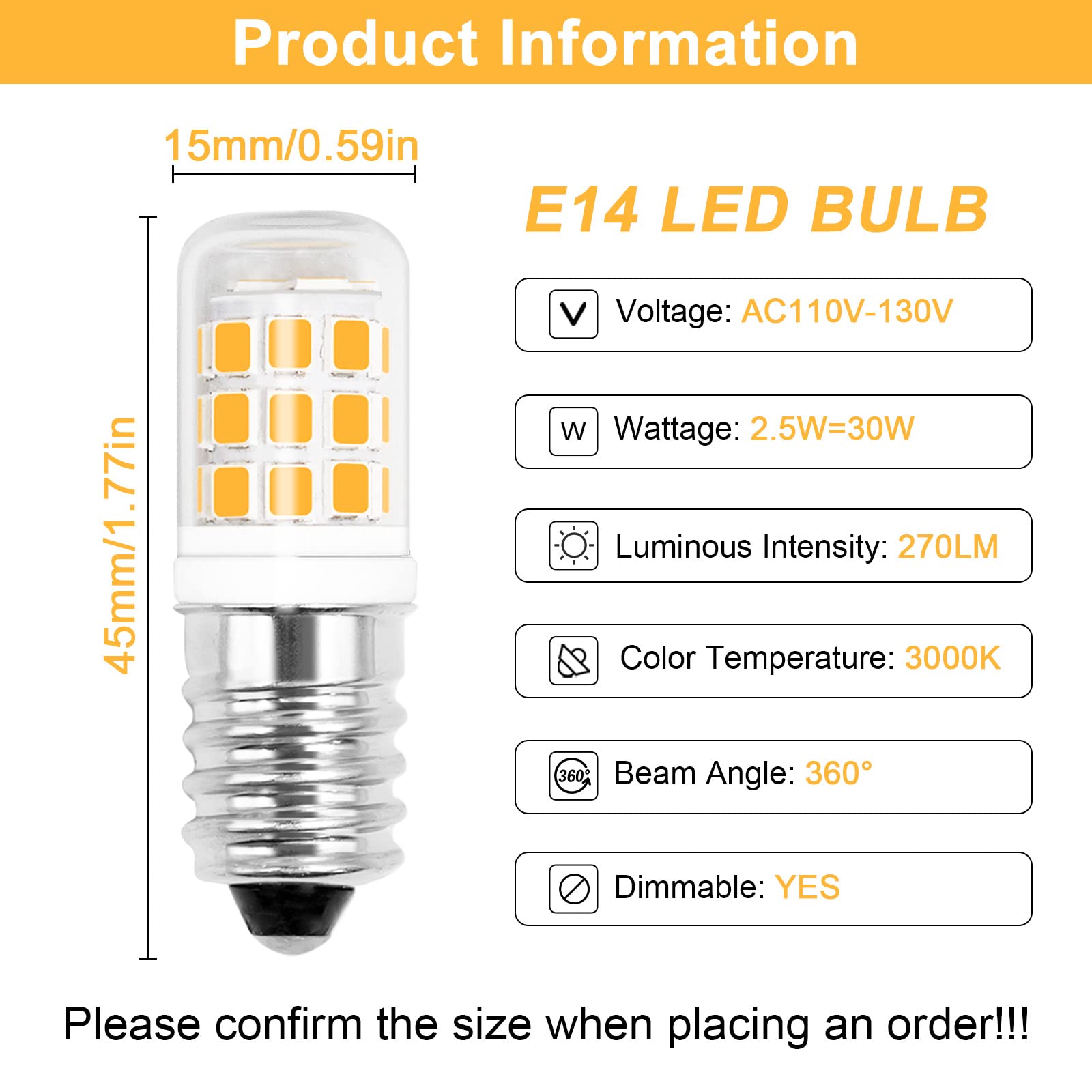 ZHENMING E14 Bulb E14 European Base Bulb 2.5W Equal 30W Candelabra Halogen E14 Light Bulb, Dimmable AC 110V-130V Warm White 3000K 270LM Clear Glass E14 LED Bulb, 2-Pack