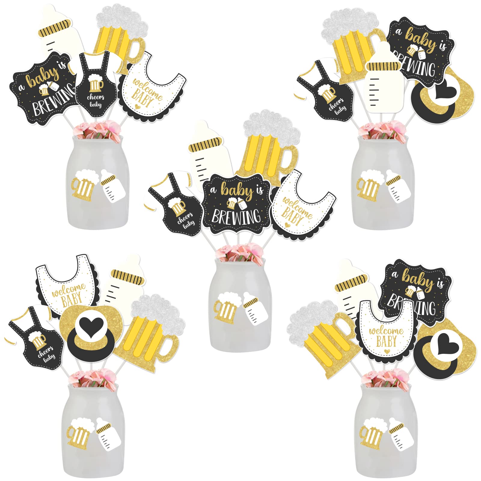 JOYMEMO 24 Pieces A Baby is Brewing Centerpiece Sticks Black Gold - Bottle and Beer Baby Shower Decorations, A Baby is Brewing Baby Shower Supplies for Pregnancy Diaper Huggies and Chuggies Party