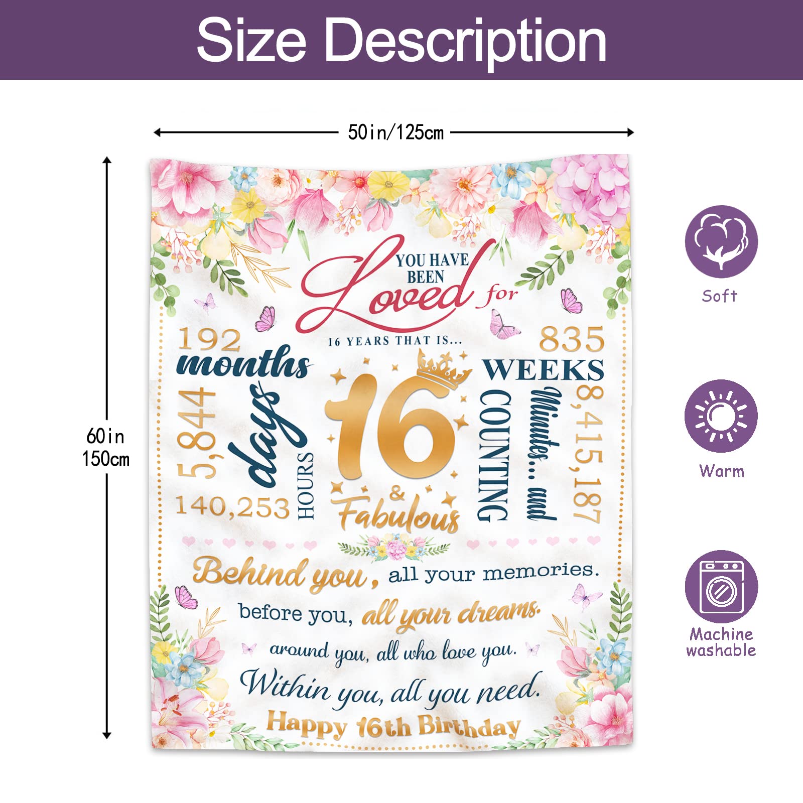 Ruvinzo Sweet 16 Gifts for Girls, 16th Birthday Gifts for Girls, 16 Year Old Girl Gift Ideas, Best Sweet Birthday Gifts for 16 Year Old Girl, Cool Sweet Sixteen Gifts Blanket 60” x 50” for Girls