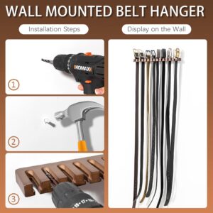 Wooden Belt Rack for Closet Wall Mount, Sturdy Belt Hanger Organizer Holds 14 Belts, Space Saving Belt Holder for Closet Door Wall, Walnut