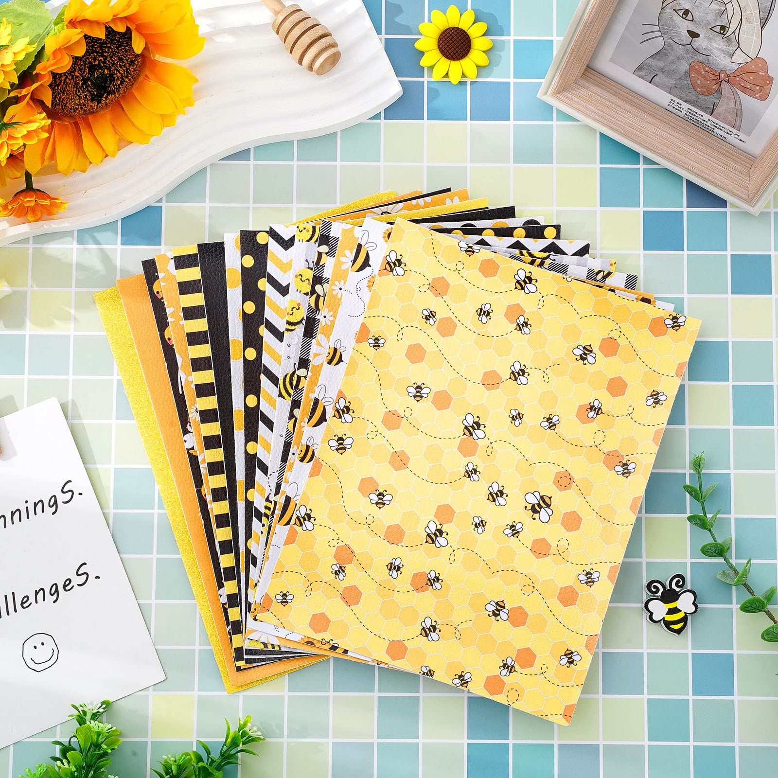 Whaline 14Pcs Summer Bee Faux Leather Sheet Yellow Black Honeycomb Bee Synthetic Leather Mixed Fabric Crafts for Summer Earring Craft Bag Hair Bow DIY Gift Making, 8.3 x 6.3 Inch