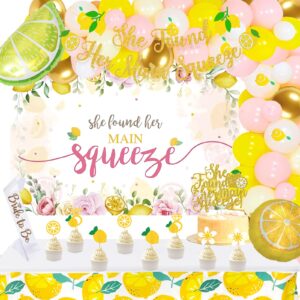 fiesec lemon bridal shower decorations, she find her main squeeze bachelorette party decorations backdrop balloon garland glitter banner tablecloth cake cupcake topper sash ring gold yellow