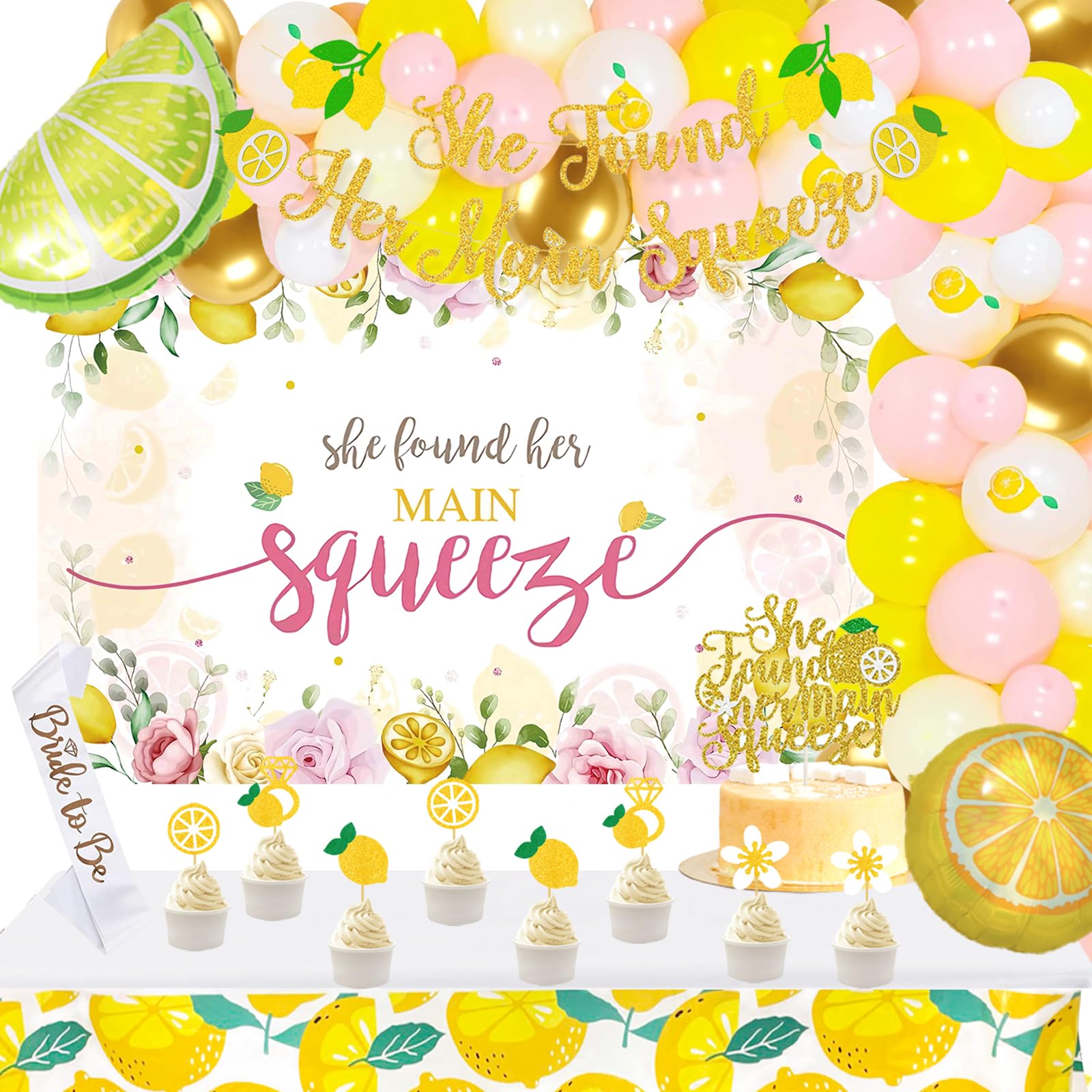 Fiesec Lemon Bridal Shower Decorations, She Find Her Main Squeeze Bachelorette Party Decorations Backdrop Balloon Garland Glitter Banner Tablecloth Cake Cupcake Topper Sash Ring Gold Yellow