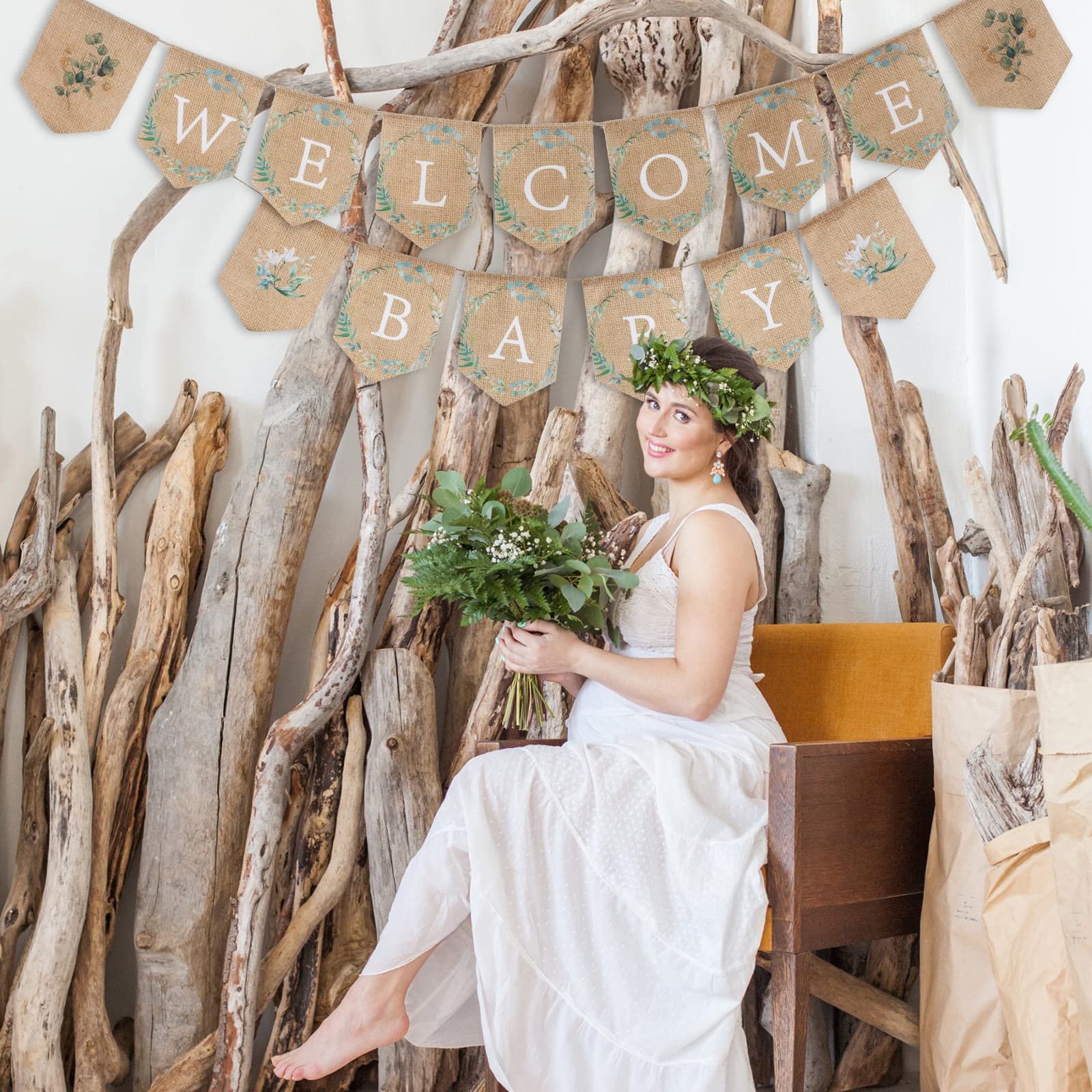 Tatuo Welcome Baby Banner Greenery Baby Shower Banner Bunting Garland Burlap Greenery Baby Shower Decorations Welcome Baby Shower Sign for Gender Neutral Baby Shower Rustic Boho Decor Party Favors