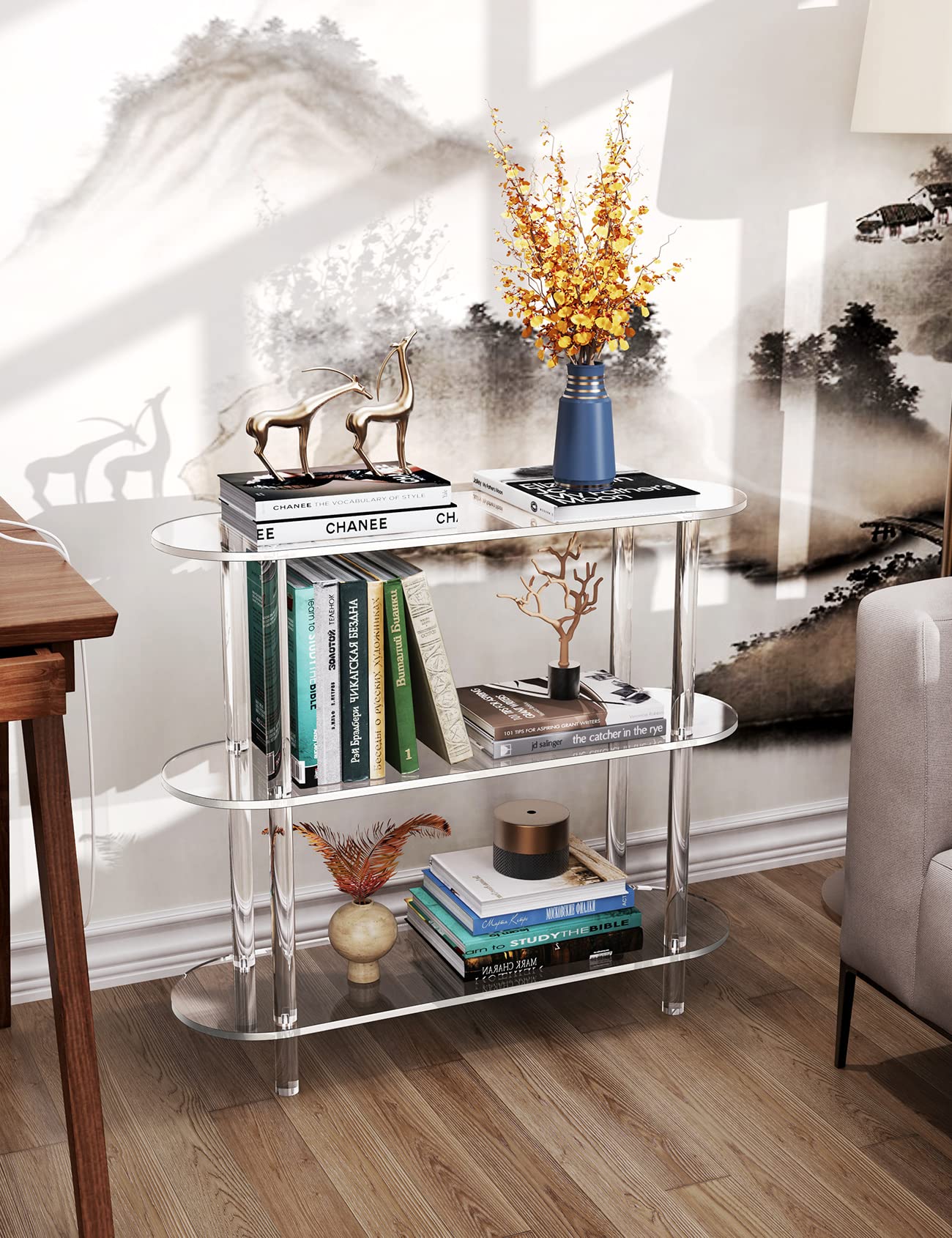 solaround Clear Bookshelf, Acrylic Bookcase with Open Book Shelf Console Table for Entryway Office Living Room Bedroom (3 Tier Clear)