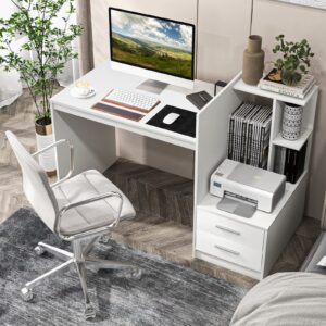 Tangkula White Desk with 2 Storage Drawers & Bookshelf, Home Office Desk with Corner Bookshelf & Printer Stand, Small Writing Study Desk for Small Space, Modern Vanity Table for Bedroom (White)