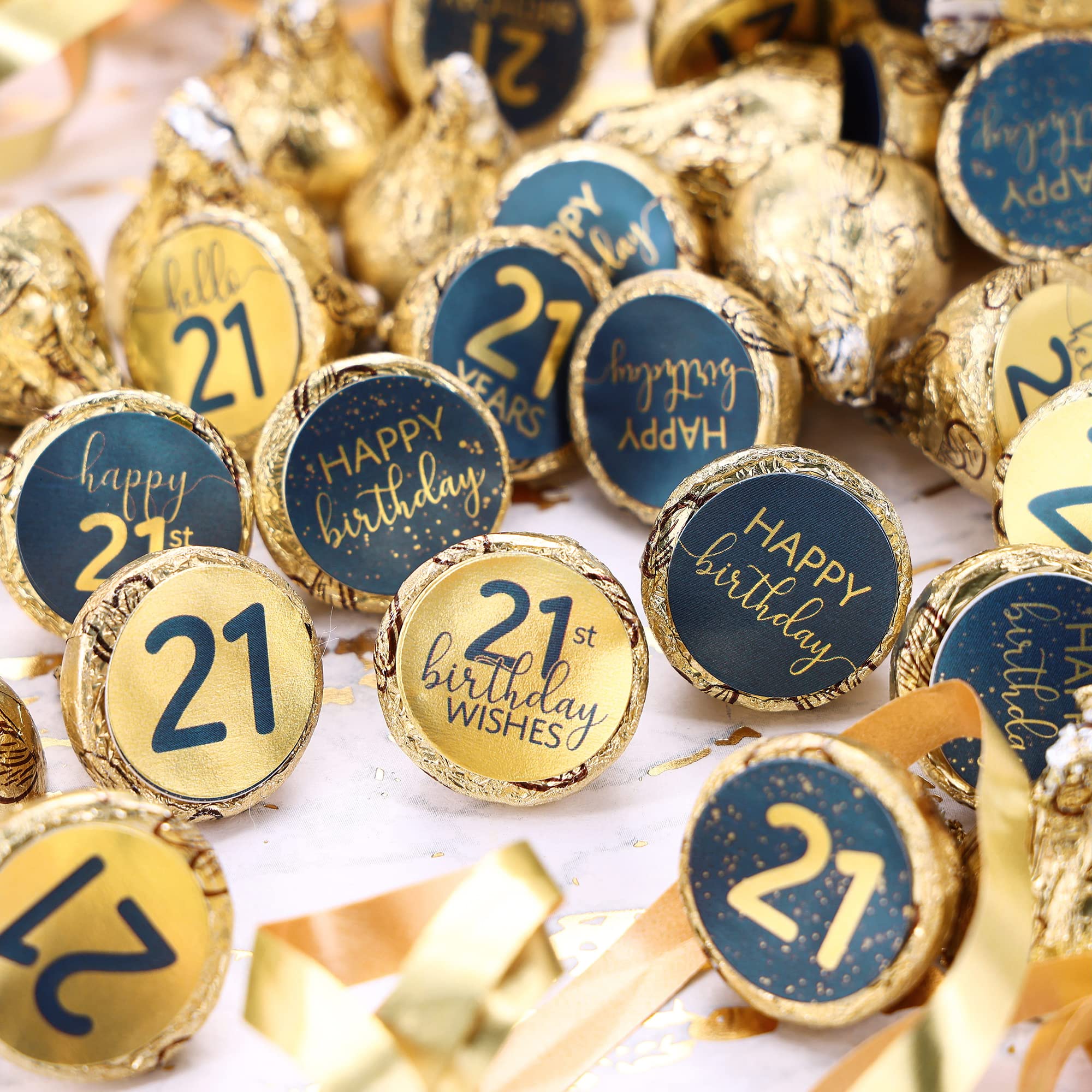 Navy Blue and Gold 21st Birthday Party Favors Chocolate Kisses Candy Stickers - 180 Count - 21st Birthday Decorations