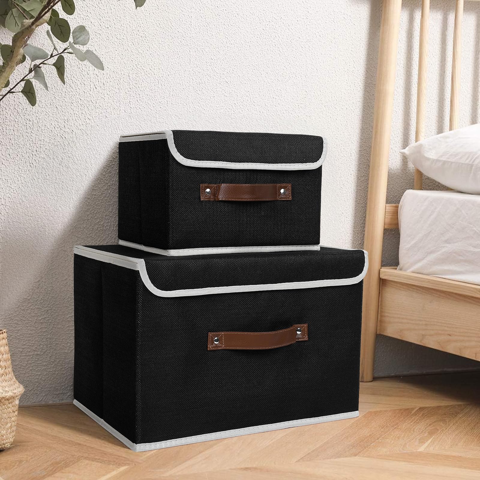 LaMorée Storage Bins with Lids Decorative Storage Boxes with PU Leather Handle 1 Pack Collapsible Closet Storage Basket Cotton Linen Basket Fabric Storage Cubes 10.2" Lx7.9 Wx6.7 H, Black