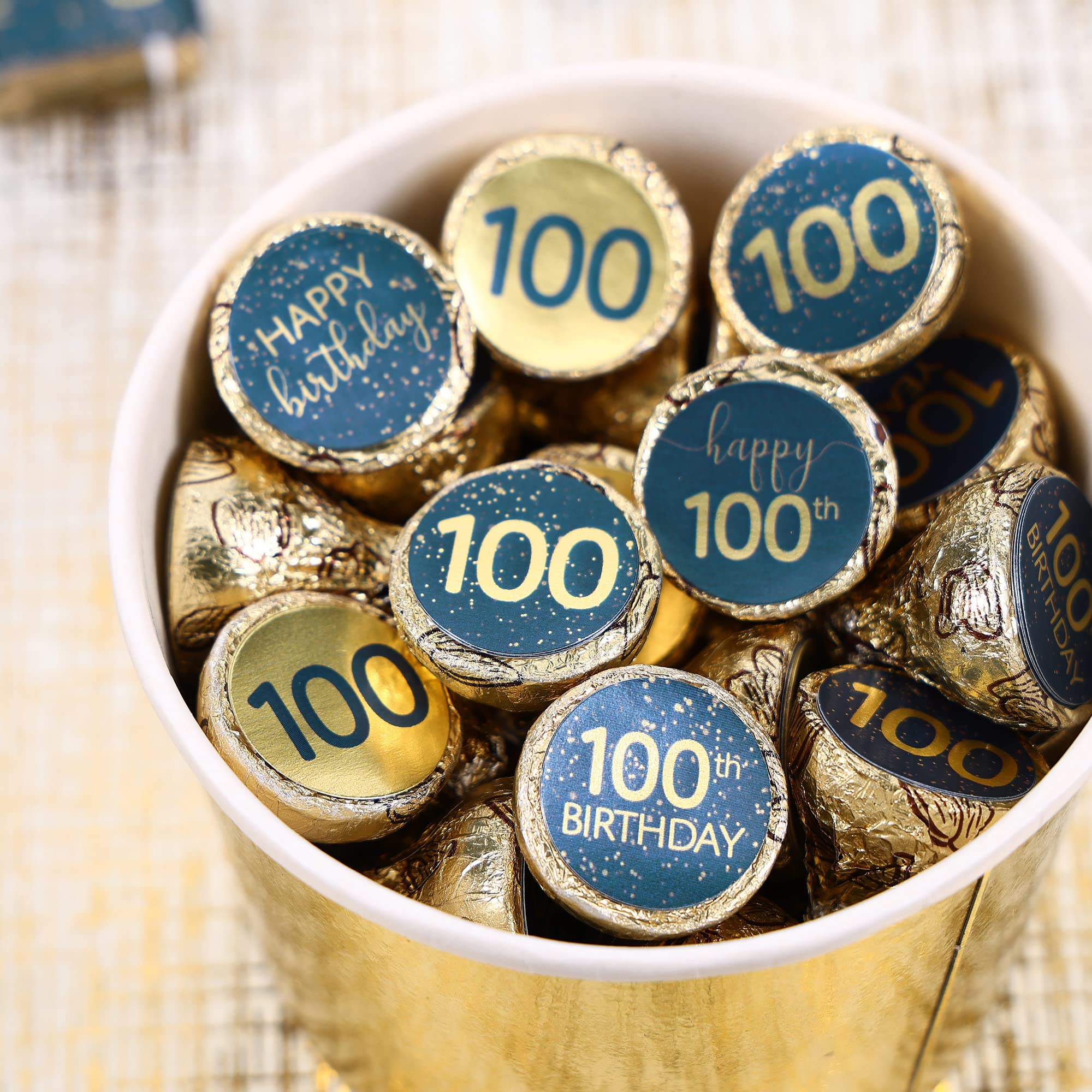 Navy Blue and Gold 100th Birthday Party Favor Chocolate Kisses Candy Stickers - 180 Count, 100th Birthday Decorations