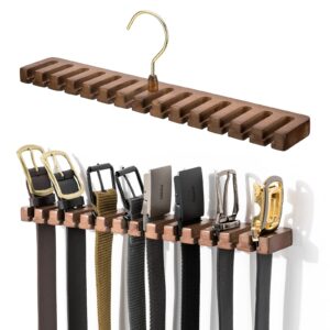 wooden belt rack for closet wall mount, sturdy belt hanger organizer holds 14 belts, space saving belt holder for closet door wall, walnut