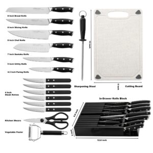 grilljoy 17PCS Premium Knife Set With In-drawer Knife Block, High Carbon Stainless Steel Cutlery Knife Block Set, Versatile Chef Knife Set for Daily Kitchen Use, Black