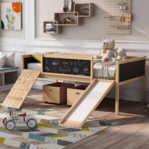 CITYLIGHT Low Loft Bed with Slide,Wood Twin Loft Bed for Kids,Loft Bed Twin with 2 Toy Boxes and Decorative Guardrail Chalkboard, Junior Loft Bed Frame for Girls Boys Toddler,Natural