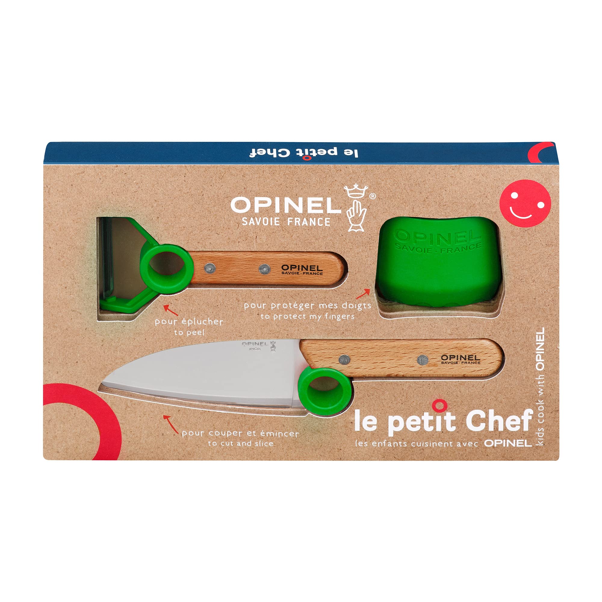 OPINEL Le Petit Chef Complete 3 Piece Kitchen Set, Chef Knife with Rounded Tip, Fingers Guard, Peeler, For Children and Teaching Food Prep and Kitchen Safety, Made in France (GREEN)