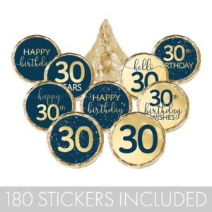 Navy Blue and Gold 30th Birthday Party Favor Chocolate Kisses Candy Stickers - 0.75 in. Round - 180 Labels