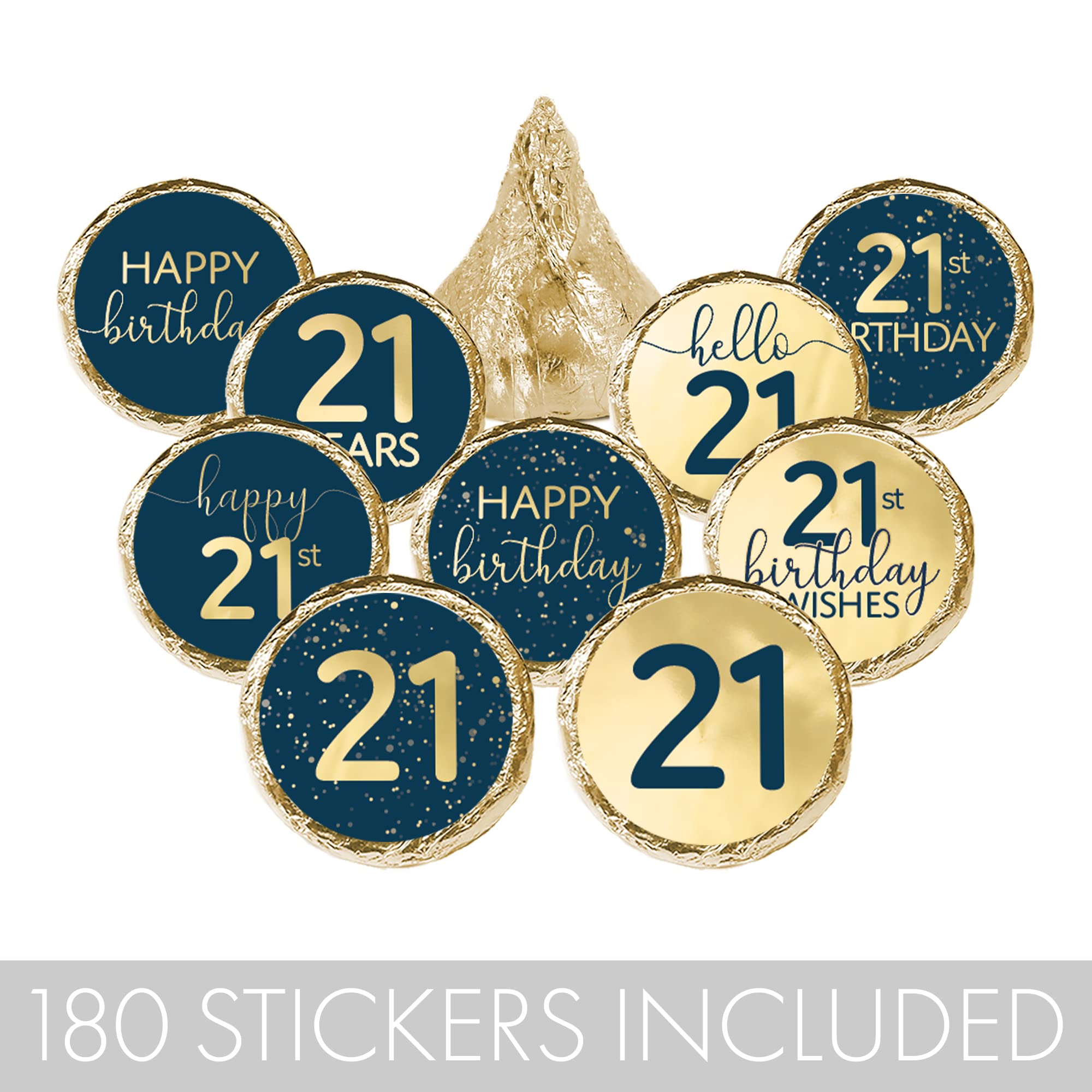 Navy Blue and Gold 21st Birthday Party Favors Chocolate Kisses Candy Stickers - 180 Count - 21st Birthday Decorations