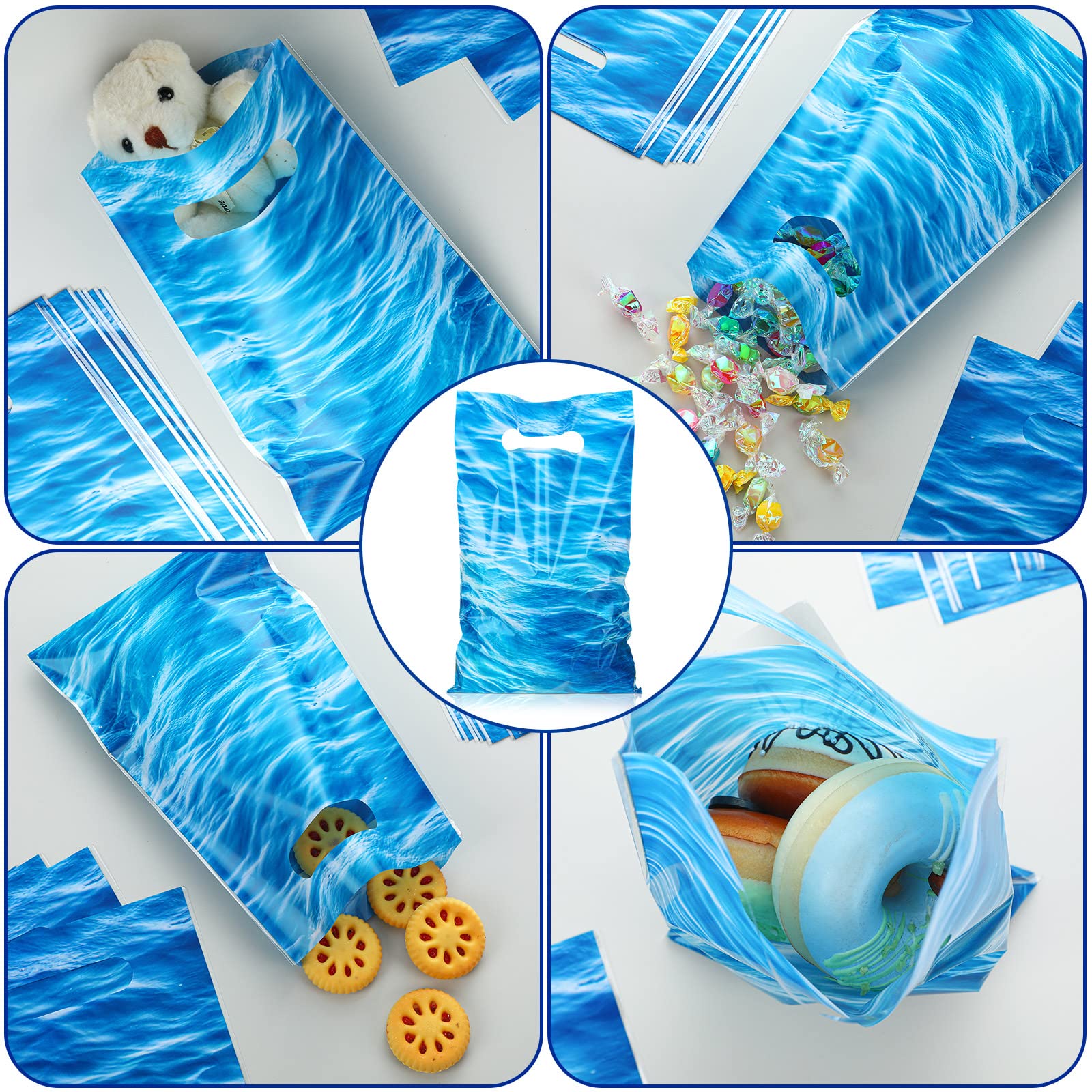 Sweetude 50 Pcs Ocean Waves Party Gifts Bags Goodie Bags with Handles Plastic Under the Sea Ocean Waves Reusable Treat Bags Gift Bags Blue Pool Party Favor Bags for Ocean Theme Birthday