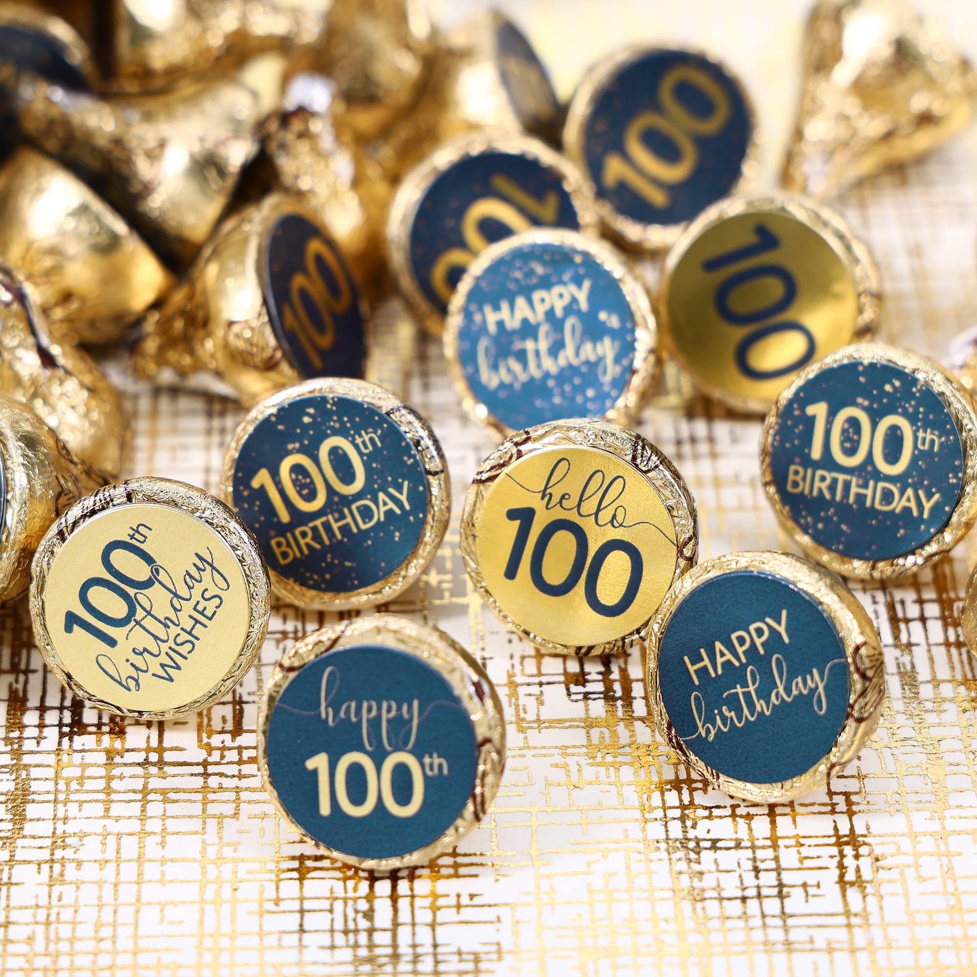 Navy Blue and Gold 100th Birthday Party Favor Chocolate Kisses Candy Stickers - 180 Count, 100th Birthday Decorations