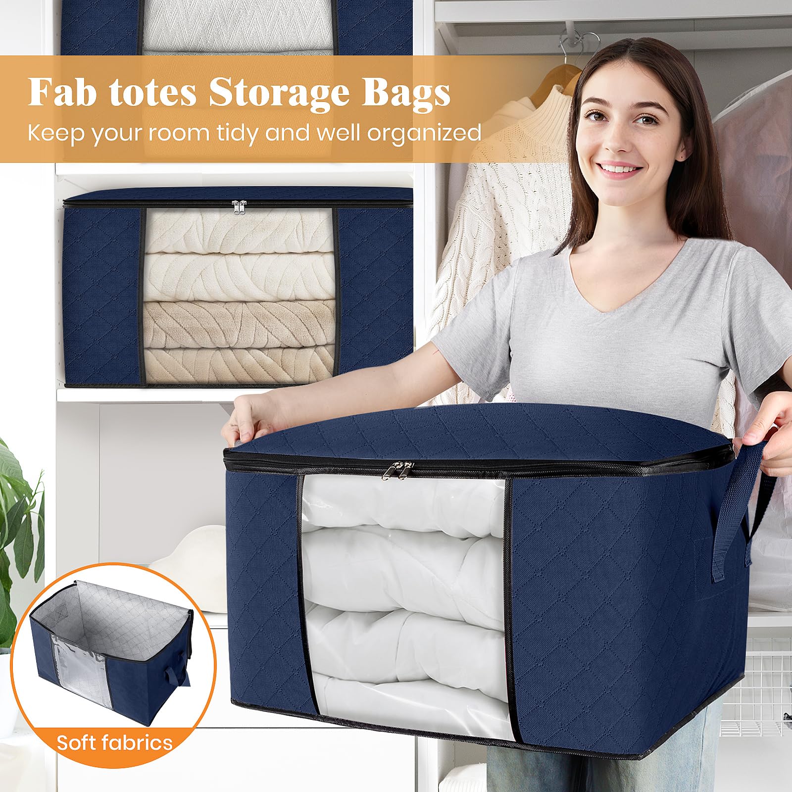 Fab totes 2 Pack Clothes Storage, Foldable Blanket Storage Bags, Storage Containers for Organizing Bedroom, Closet, Clothing, Comforter, Organization and Storage with Lids and Handle, Blue