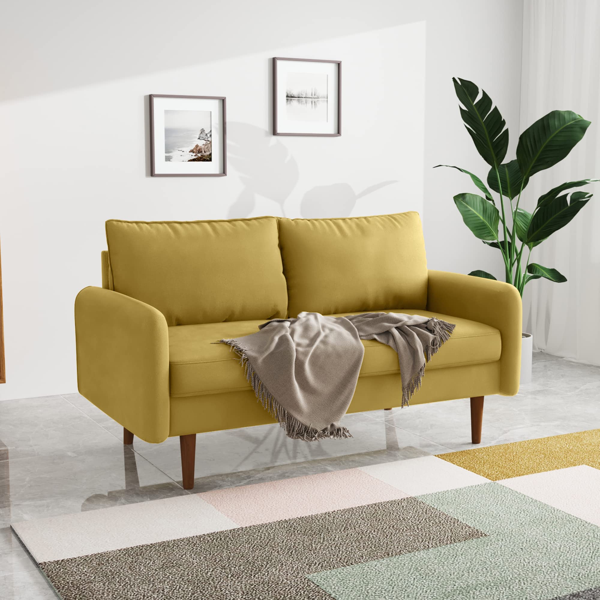 Meeyar 58''W Velvet Loveseat Sofa, Mid-Century Modern Love Seat Couch, Comfy Couches for Living Room, Small Loveseat for Small Spaces, 2 Cushion Couch for Bedroom Apartment Home Office, Goldenrod