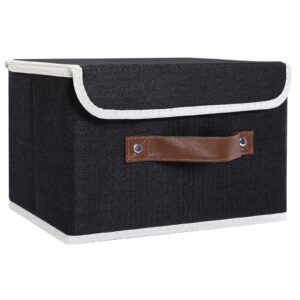 lamorée storage bins with lids decorative storage boxes with pu leather handle 1 pack collapsible closet storage basket cotton linen basket fabric storage cubes 10.2" lx7.9 wx6.7 h, black