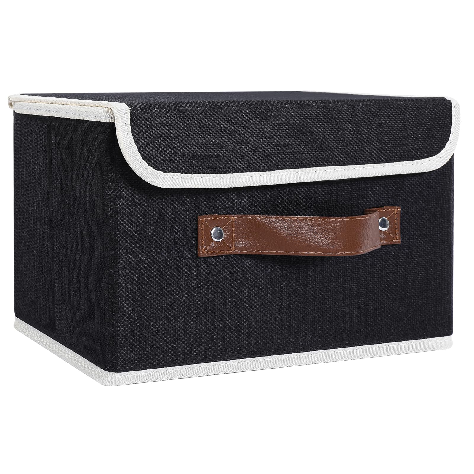 LaMorée Storage Bins with Lids Decorative Storage Boxes with PU Leather Handle 1 Pack Collapsible Closet Storage Basket Cotton Linen Basket Fabric Storage Cubes 10.2" Lx7.9 Wx6.7 H, Black