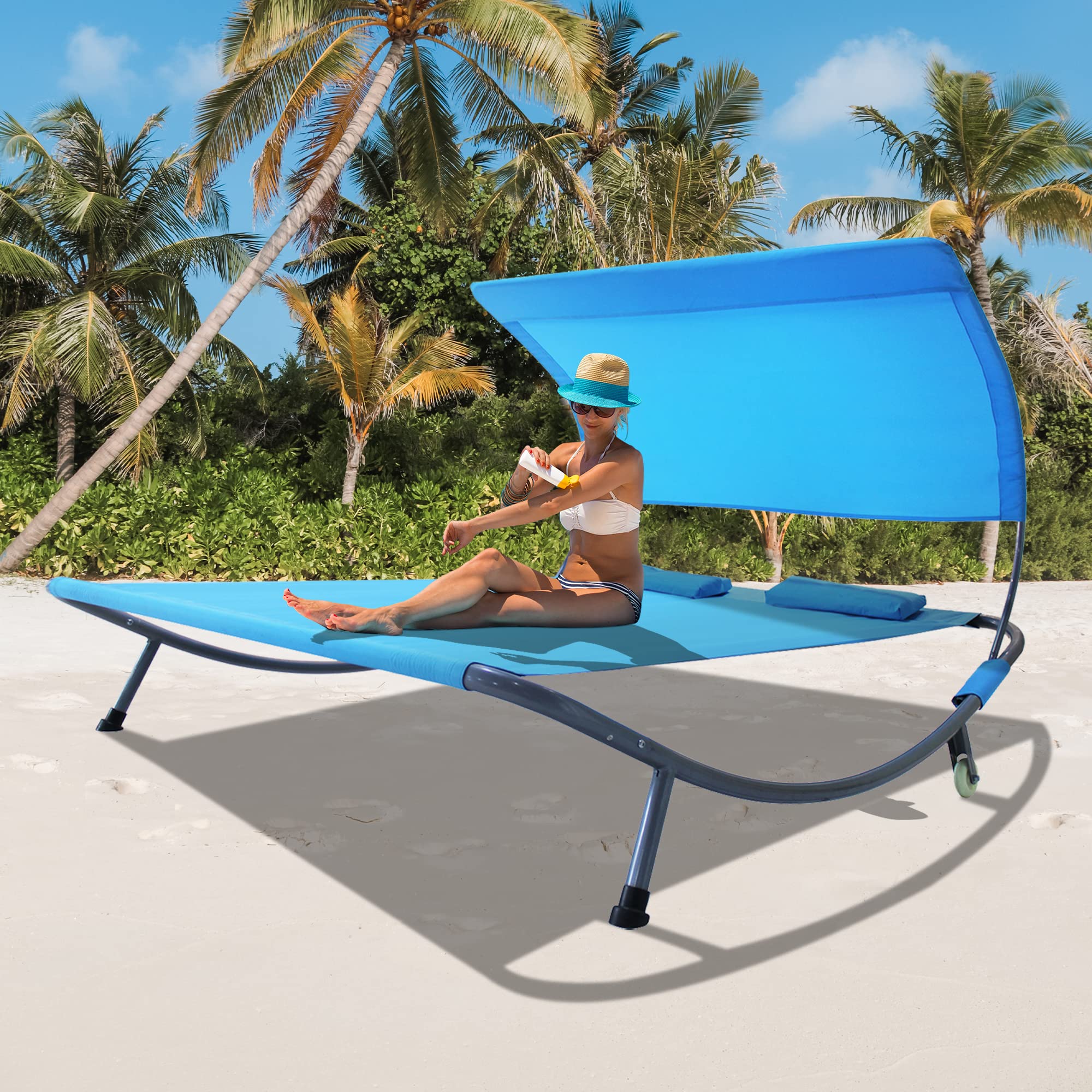 Outdoor Double Chaise Lounge Bed with Canopy & Headrest Pillow, Patio Portable Leisure DayBed Lounge with Portable Wheels for Deck, Indoor, Yard, Poolside, Sun Room (Blue)