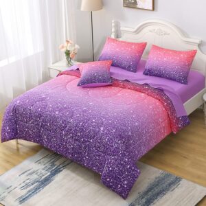 keyroal 6pcs glitter comforter set with sheets for teens girls kids, colorful gradient glitter themed bed in a bag full size, pink purple 3d sparkly galaxy bedroom decor bedding set