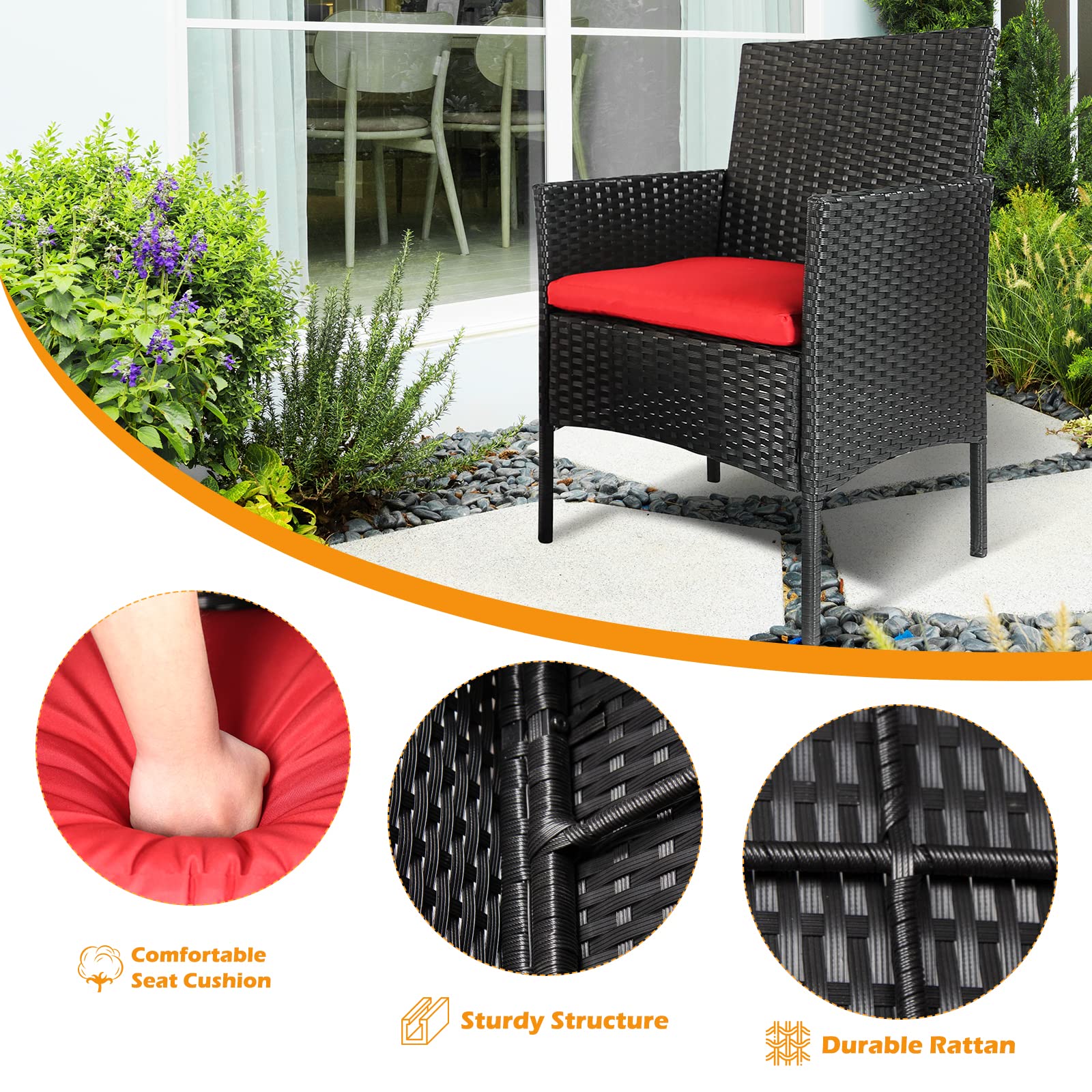 PAIQIAN Patio Set 3 Piece Outdoor Rattan Porch Furniture with Tempered Glass Side Table & Cushion All Weather Conversation Bistro Set for Balcony,Deck,Porch (Black/Red)