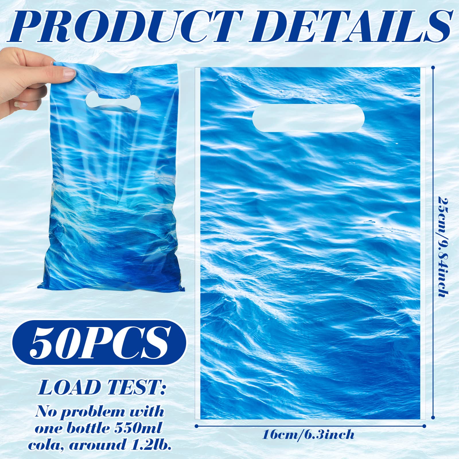 Sweetude 50 Pcs Ocean Waves Party Gifts Bags Goodie Bags with Handles Plastic Under the Sea Ocean Waves Reusable Treat Bags Gift Bags Blue Pool Party Favor Bags for Ocean Theme Birthday