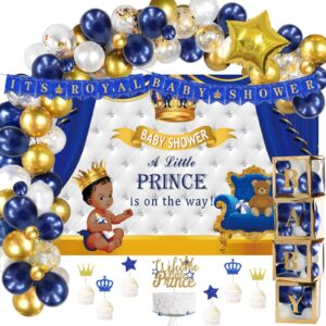 122 pcs royal prince baby shower decorations for boy, fiesec a little prince is on the way its royal baby shower backdrop balloon garland banner cake cupcake topper crown star blue white gold