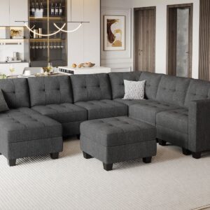 Belffin Modular Sectional Sofa Set with Ottomans Oversized U Shaped Sofa Set with Storage Seat Modular Sofa Couch with Reversible Chaises Modern Fabric Dark Grey