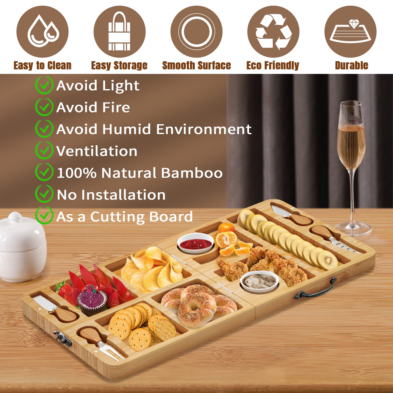 Fccabin Travel Charcuterie Boards, Cheese Board Folding Outdoor Picnic Cheese Tray Set with Knife Cutting Boards Foldable Serving Platter for Family Gathering Holiday Wedding House Warming Gifts