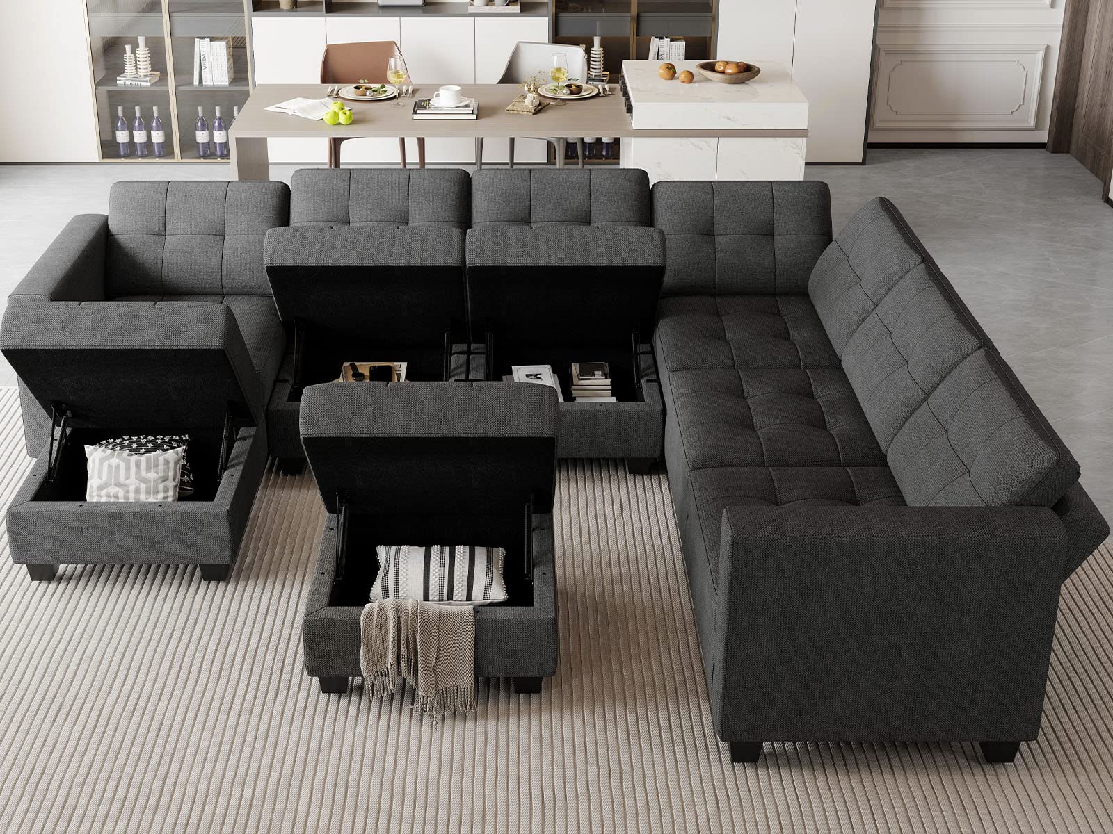 Belffin Modular Sectional Sofa Set with Ottomans Oversized U Shaped Sofa Set with Storage Seat Modular Sofa Couch with Reversible Chaises Modern Fabric Dark Grey