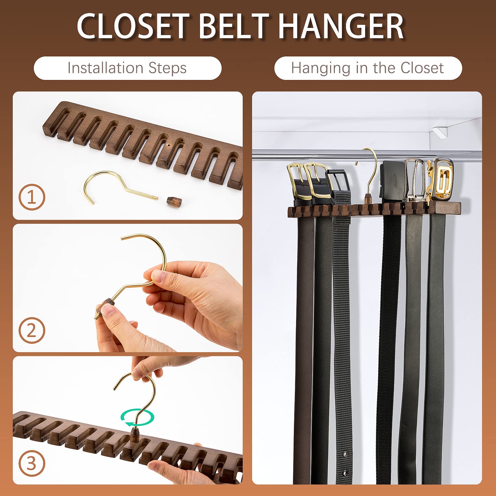 Wooden Belt Rack for Closet Wall Mount, Sturdy Belt Hanger Organizer Holds 14 Belts, Space Saving Belt Holder for Closet Door Wall, Walnut