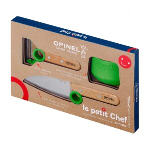 OPINEL Le Petit Chef Complete 3 Piece Kitchen Set, Chef Knife with Rounded Tip, Fingers Guard, Peeler, For Children and Teaching Food Prep and Kitchen Safety, Made in France (GREEN)