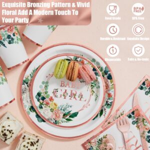 Ecomore Baby Shower Decorations for Girl - 245 PCS Gender Reveal Party Supplies Disposable Dinnerware with Rose Gold Floral Paper Plate Napkin Cutlery Tablecloth Backdrop Baby Boxs Balloon Garland Kit