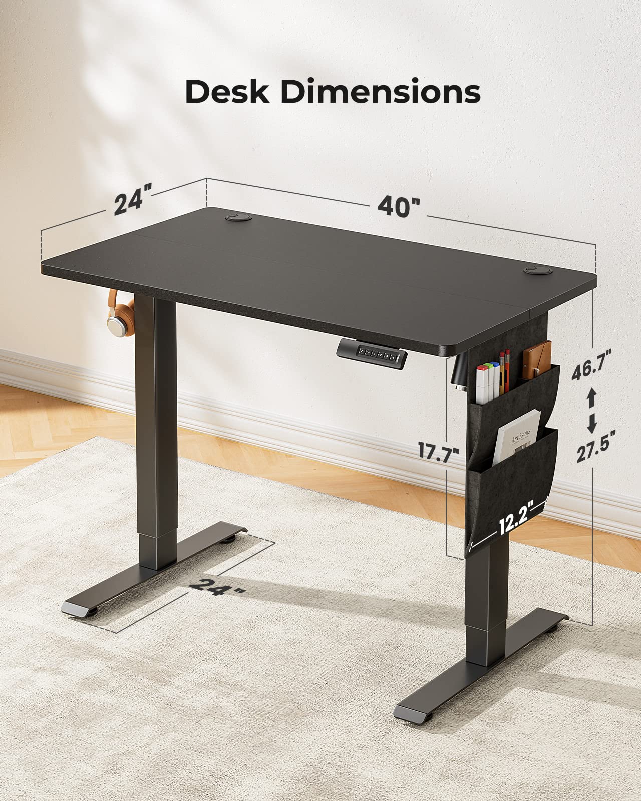 Marsail Standing Desk Adjustable Height, 40x24 Inch Electric Standing Desk with Storage Bag, Stand up Desk for Home Office Computer Desk Memory Preset with Headphone Hook