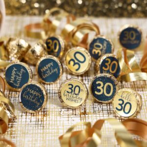 Navy Blue and Gold 30th Birthday Party Favor Chocolate Kisses Candy Stickers - 0.75 in. Round - 180 Labels