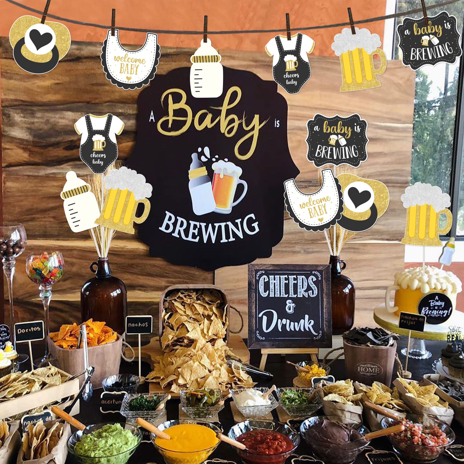 JOYMEMO 24 Pieces A Baby is Brewing Centerpiece Sticks Black Gold - Bottle and Beer Baby Shower Decorations, A Baby is Brewing Baby Shower Supplies for Pregnancy Diaper Huggies and Chuggies Party