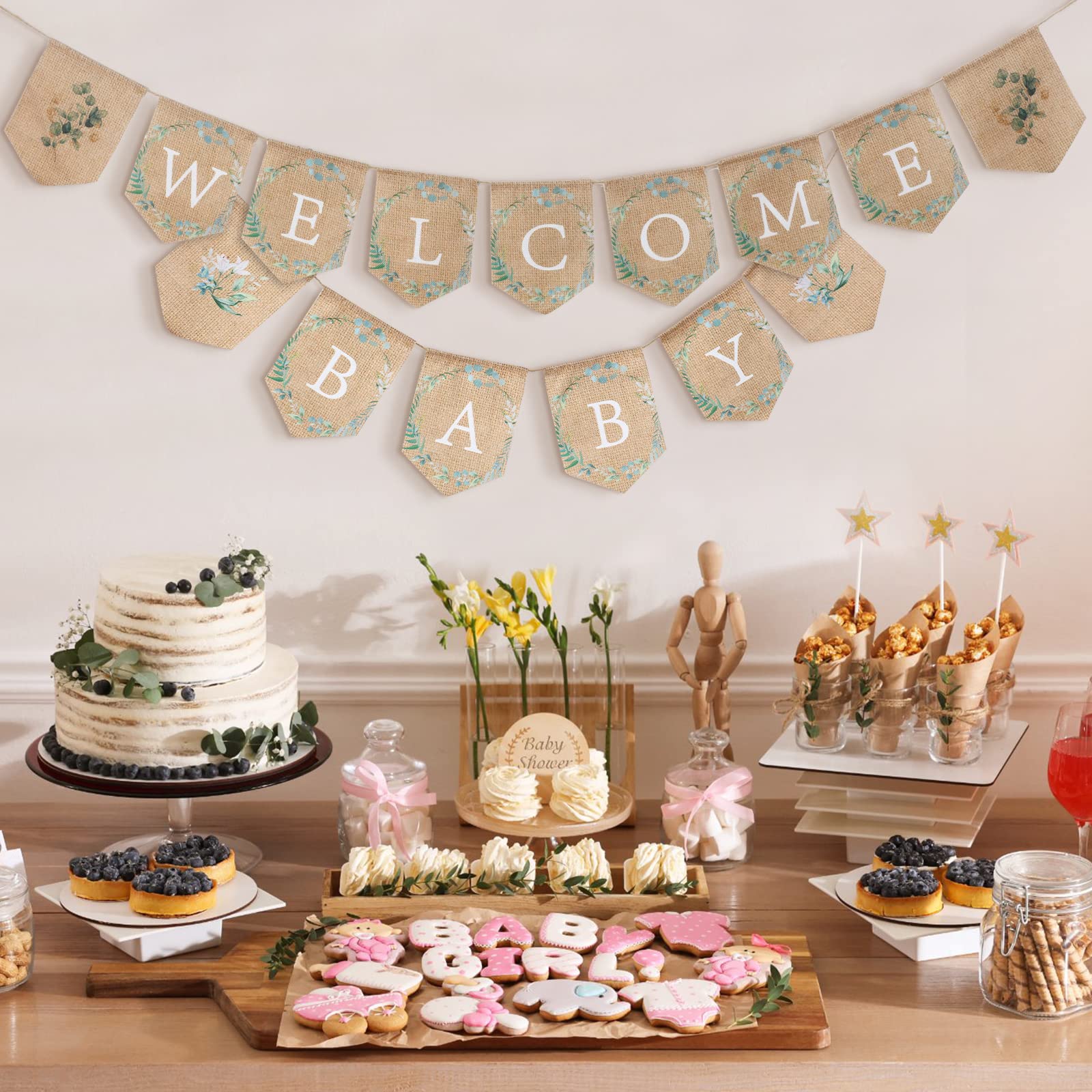 Tatuo Welcome Baby Banner Greenery Baby Shower Banner Bunting Garland Burlap Greenery Baby Shower Decorations Welcome Baby Shower Sign for Gender Neutral Baby Shower Rustic Boho Decor Party Favors