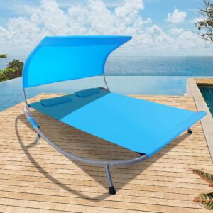 Outdoor Double Chaise Lounge Bed with Canopy & Headrest Pillow, Patio Portable Leisure DayBed Lounge with Portable Wheels for Deck, Indoor, Yard, Poolside, Sun Room (Blue)