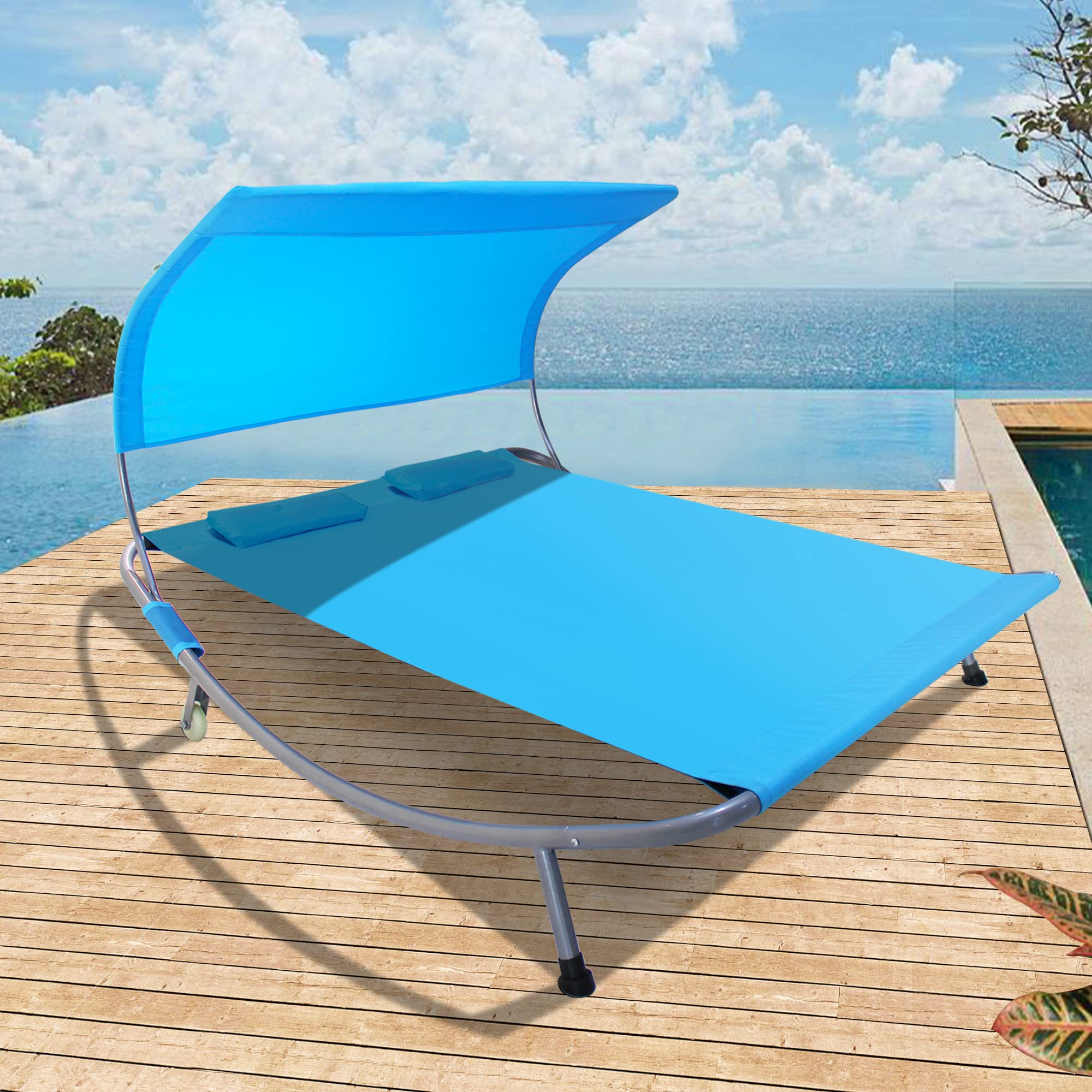 Outdoor Double Chaise Lounge Bed with Canopy & Headrest Pillow, Patio Portable Leisure DayBed Lounge with Portable Wheels for Deck, Indoor, Yard, Poolside, Sun Room (Blue)