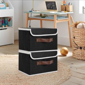 LaMorée Storage Bins with Lids Decorative Storage Boxes with PU Leather Handle 1 Pack Collapsible Closet Storage Basket Cotton Linen Basket Fabric Storage Cubes 10.2" Lx7.9 Wx6.7 H, Black