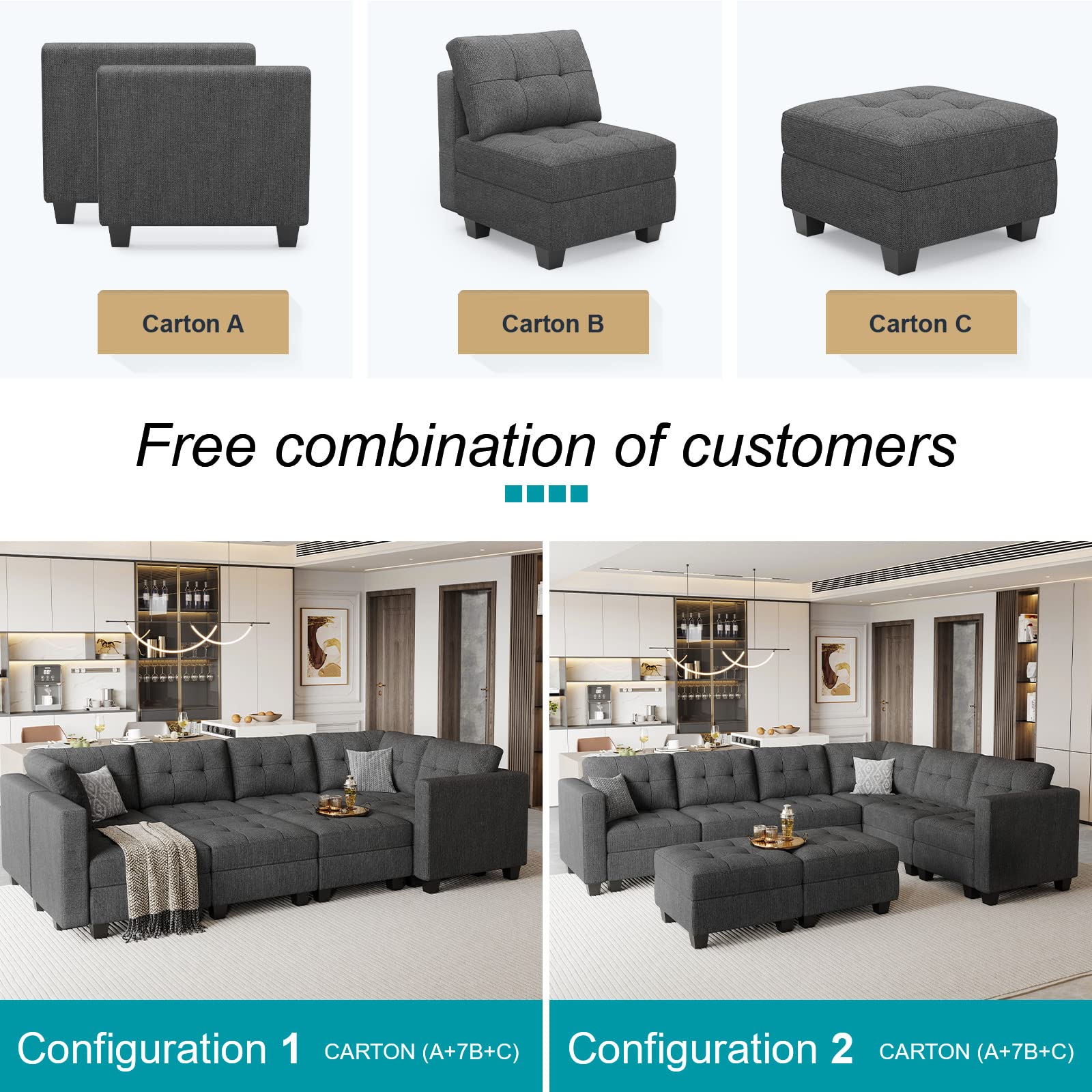 Belffin Modular Sectional Sofa Set with Ottomans Oversized U Shaped Sofa Set with Storage Seat Modular Sofa Couch with Reversible Chaises Modern Fabric Dark Grey