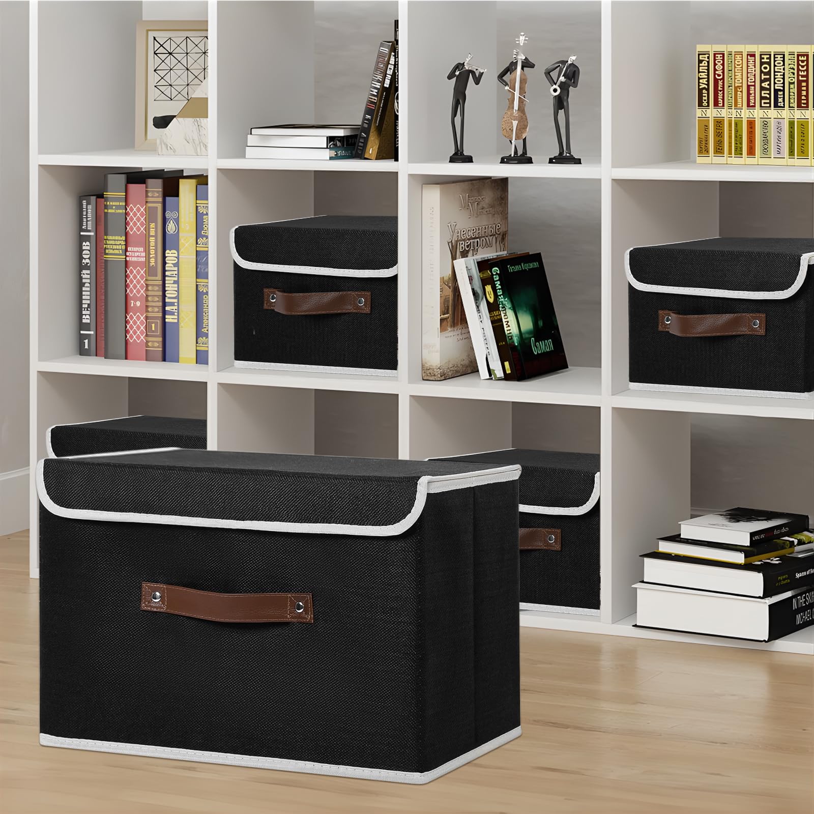 LaMorée Storage Bins with Lids Decorative Storage Boxes with PU Leather Handle 1 Pack Collapsible Closet Storage Basket Cotton Linen Basket Fabric Storage Cubes 10.2" Lx7.9 Wx6.7 H, Black