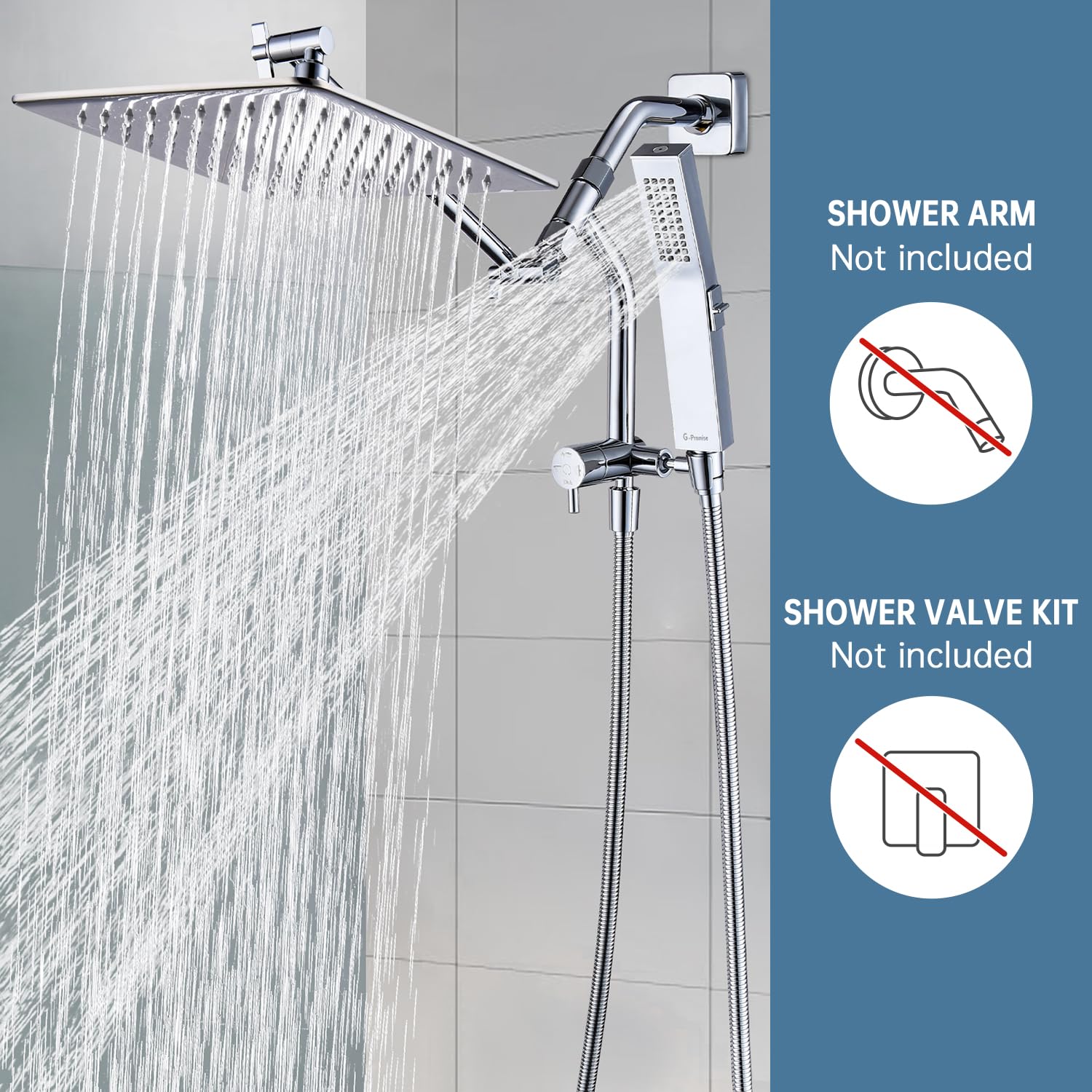 G-Promise All Metal 12'' Rain Shower Head with Handheld Built-in Power Wash Mode 3-way Diverter with Pause Setting 11'' Adjustable Extension Arm with Lock Joint 65'' Stainless Steel Hose